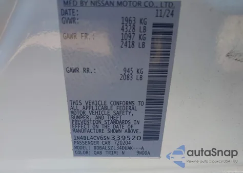 2025 Nissan Altima Sr Fwd z USA, uszkodzony, nr VIN 1N4BL4CV6SN339520